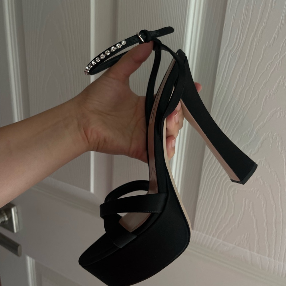 Miu Miu Black Strappy High Heels with Rhinestone Ankle Strap